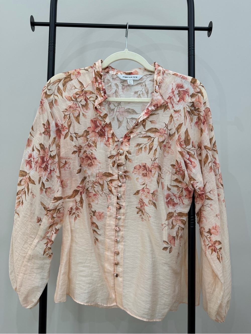 Forever New Pink Floral Button-Down Ruffle-Neck Blouse